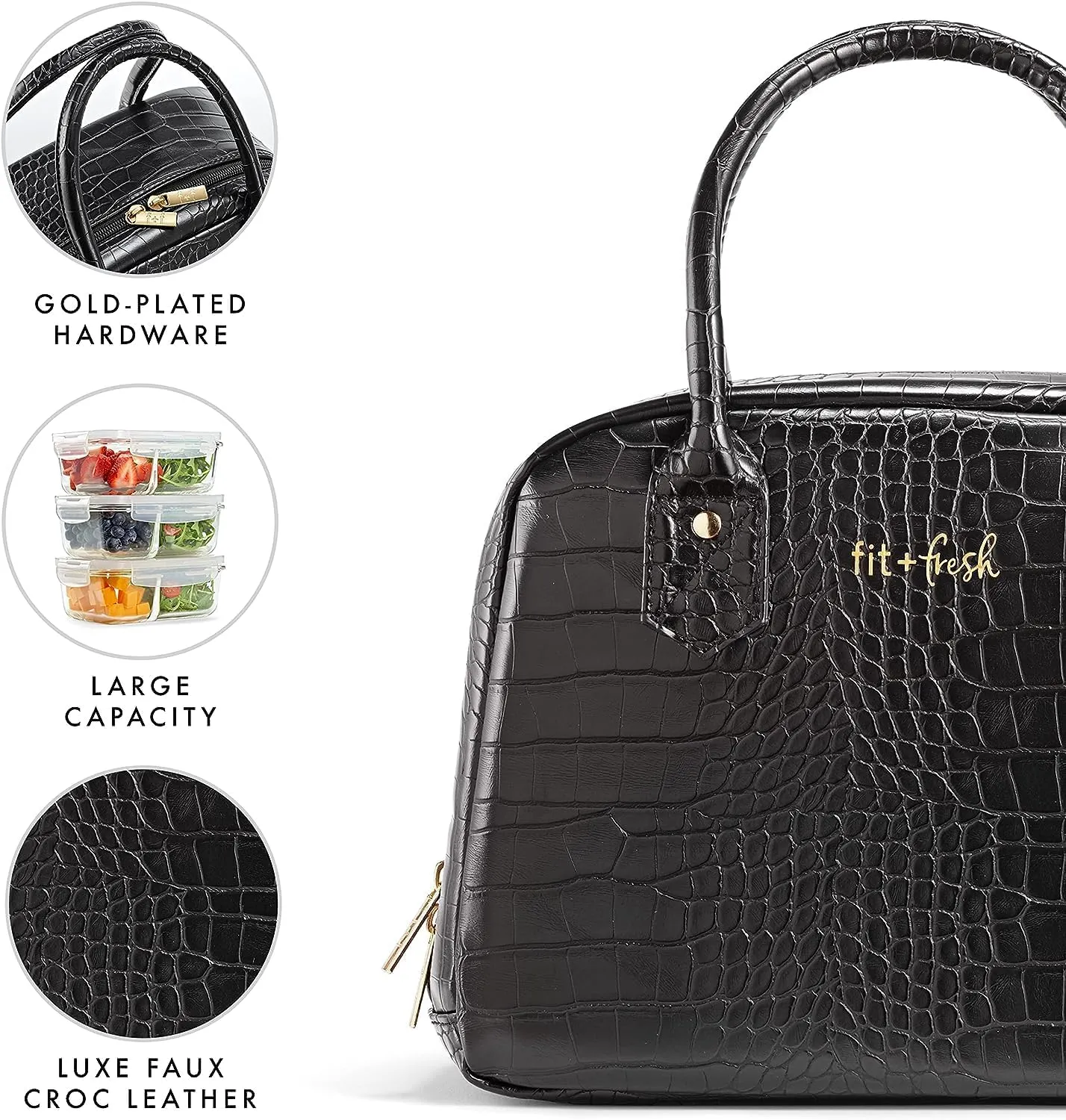 Fit & Fresh Lyon Luxe Lunch Bag For Women, Insulated Womens Lunch Bag For Work, Leakproof & Stain-Resistant Large Lunch Box For Women, Faux Croc Leather, Black