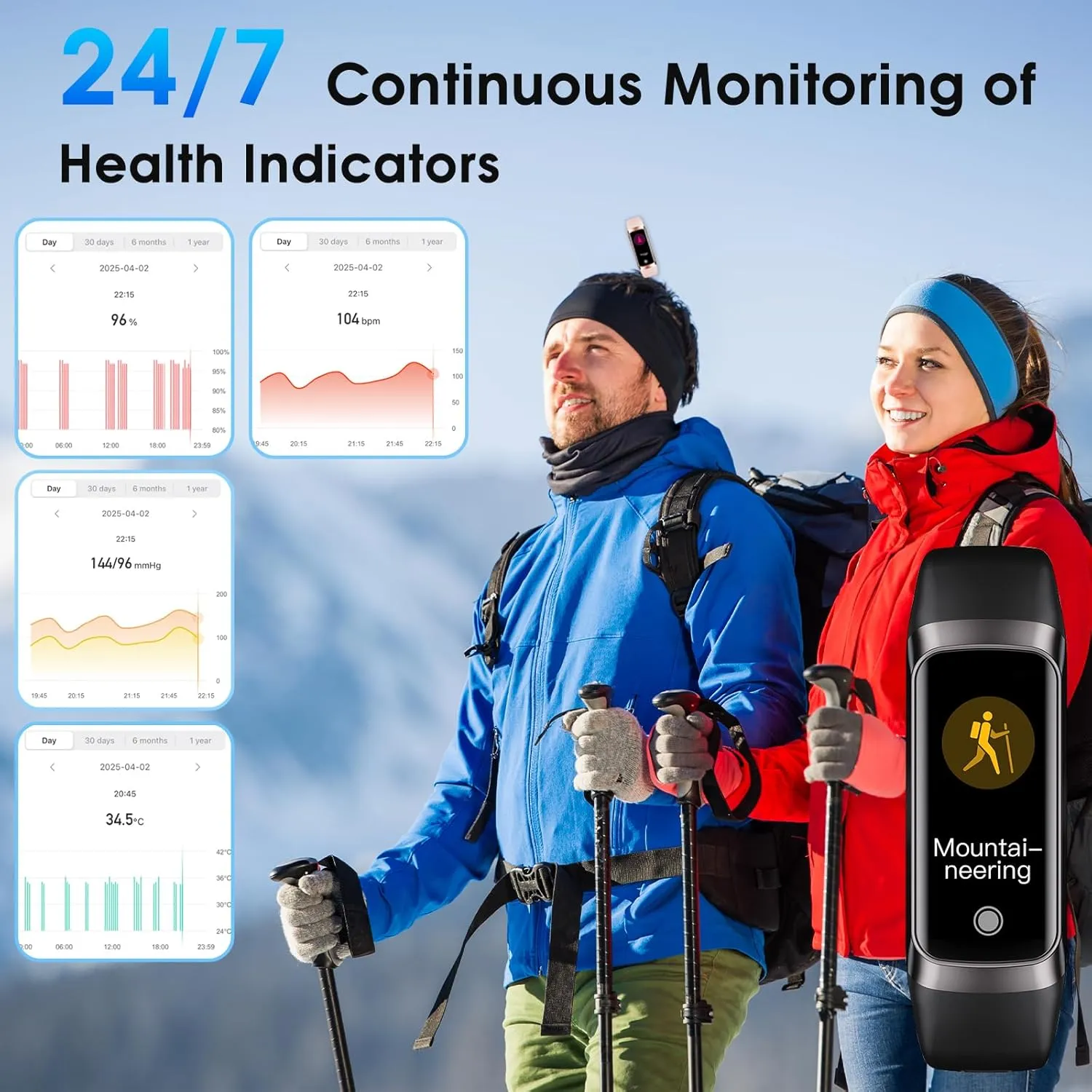 Fitness Tracker, 24/7 Heart Rate Blood Oxygen Blood Pressure Body Temp Monitor Sleep Calorie Tracker with 1.1" AMOLED Touch Color Screen Pedometer Smart Watch Waterproof for Women Men