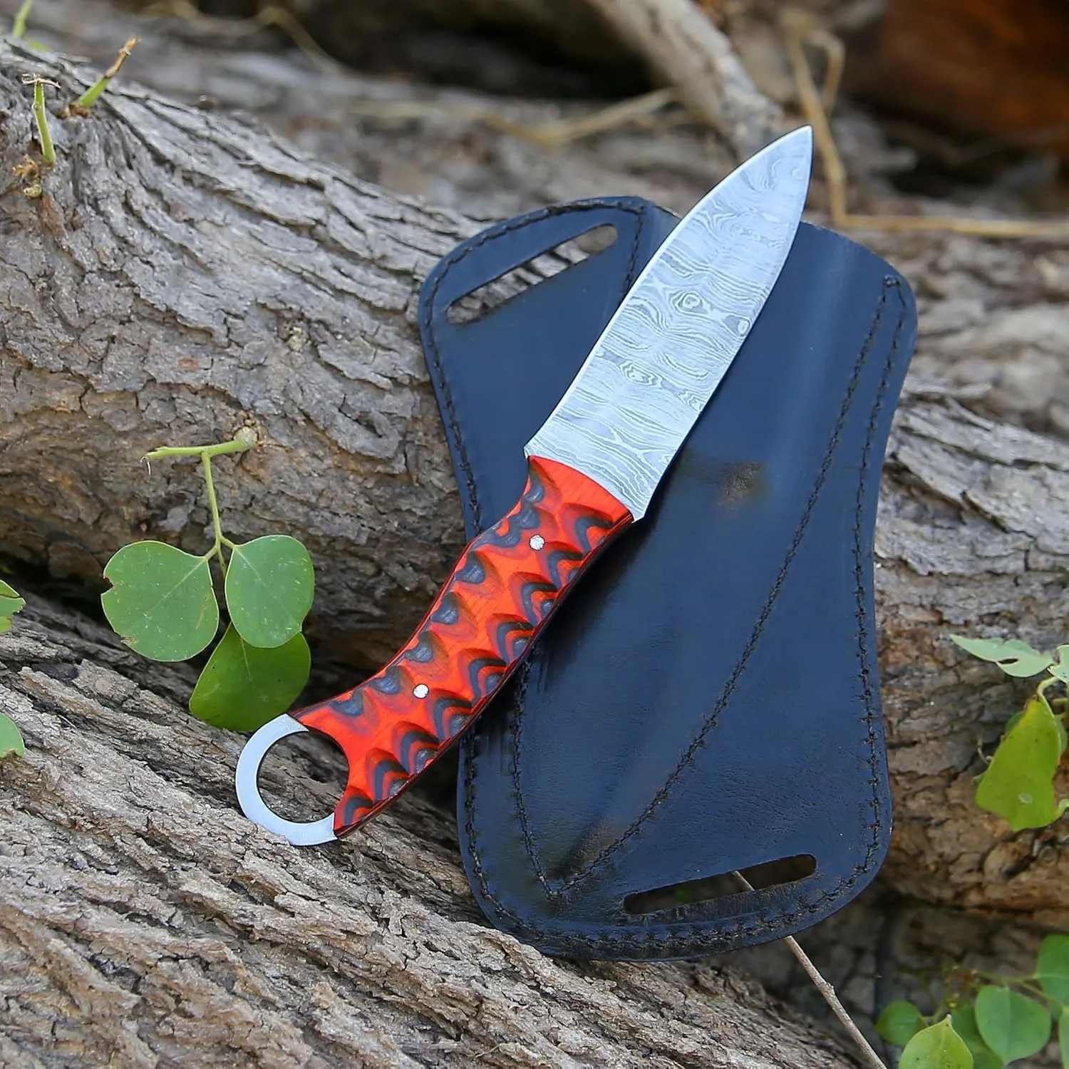 Fixed Blade Hunting Back Belt Tracker Knife Damascus Steel EDC Bushcraft Knives, Full Tang Scout Carry Knife with Leather Sheath, Ideal for Skinning Outdoor Camping, Hunting, Hiking, Survival Knives
