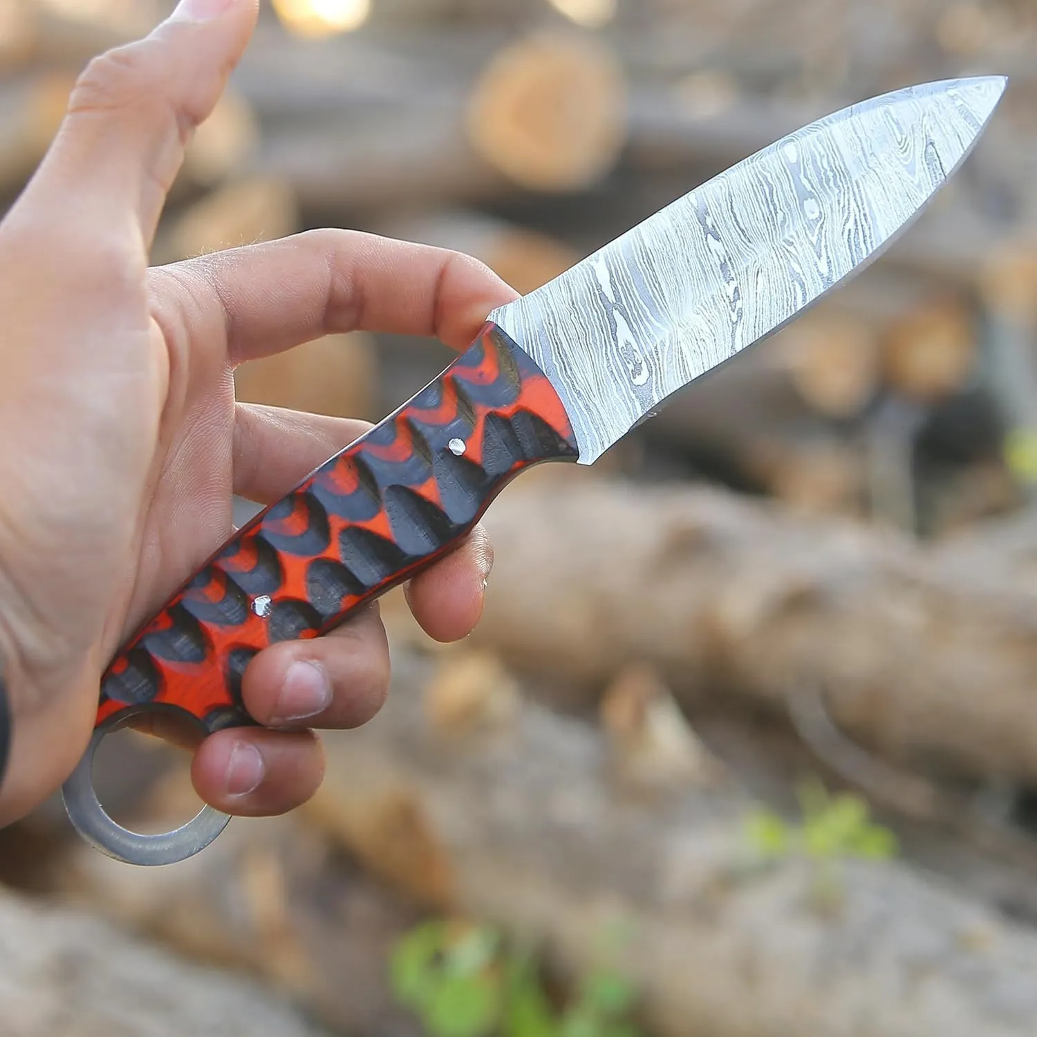 Fixed Blade Hunting Back Belt Tracker Knife Damascus Steel EDC Bushcraft Knives, Full Tang Scout Carry Knife with Leather Sheath, Ideal for Skinning Outdoor Camping, Hunting, Hiking, Survival Knives