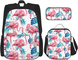 Flamingo Bird Green Plant Leaf Print Versatile Adjustable Shoulder Fashion Backpack Lunch Bag Pencil Case Large Capacity