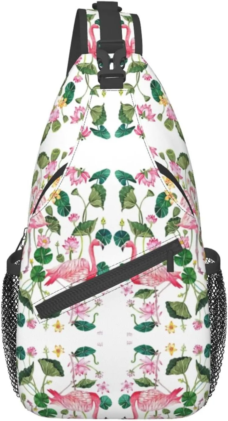 Flamingo Bird Round Leaves Unisex Crossbody Backpack Travel Hiking Casual Chest Bags Lightweight Fashion