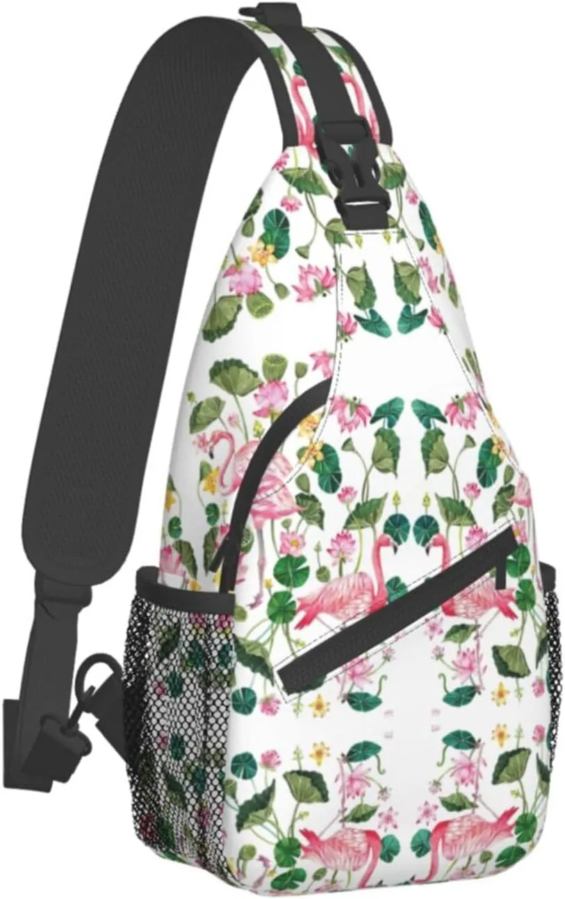 Flamingo Bird Round Leaves Unisex Crossbody Backpack Travel Hiking Casual Chest Bags Lightweight Fashion