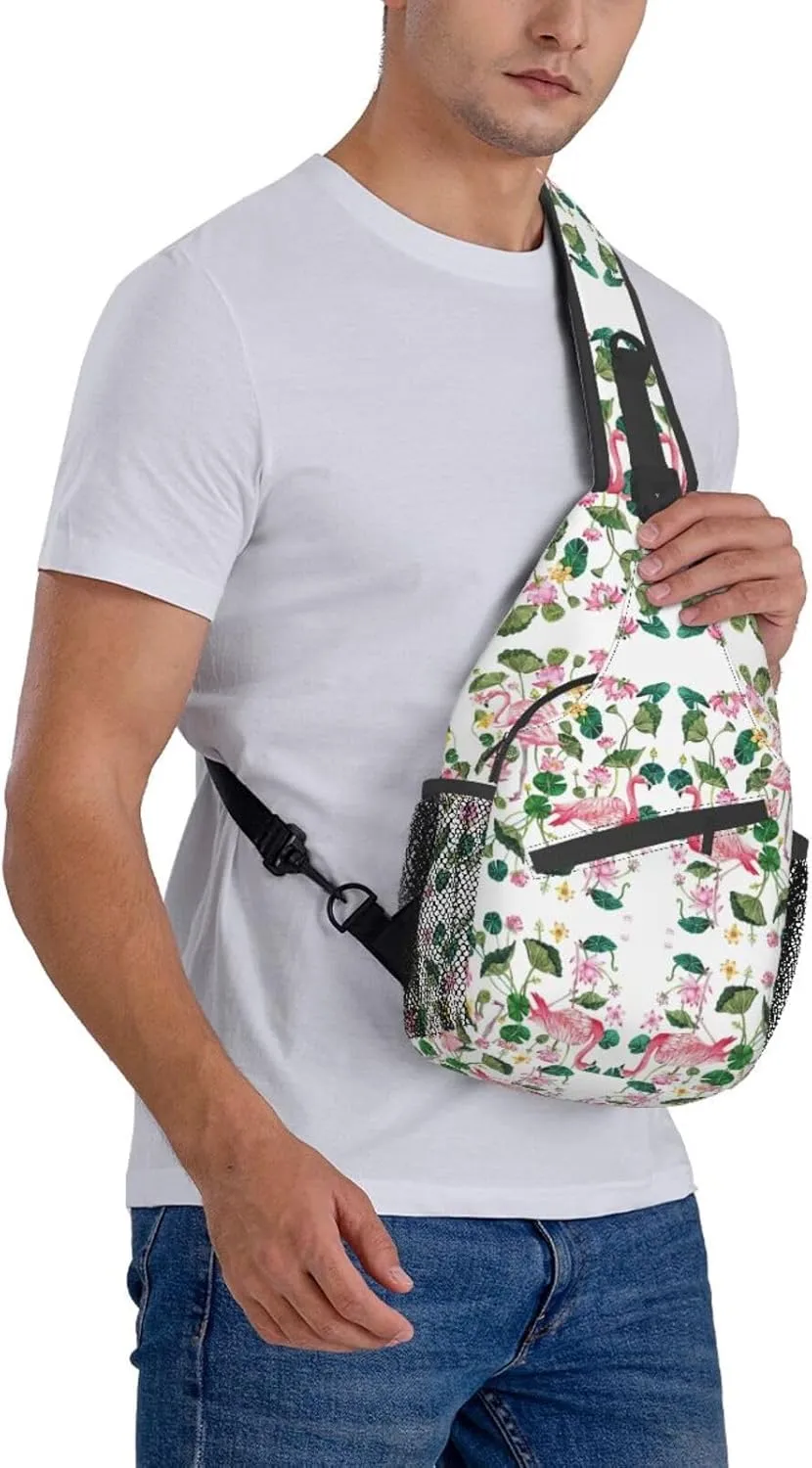Flamingo Bird Round Leaves Unisex Crossbody Backpack Travel Hiking Casual Chest Bags Lightweight Fashion