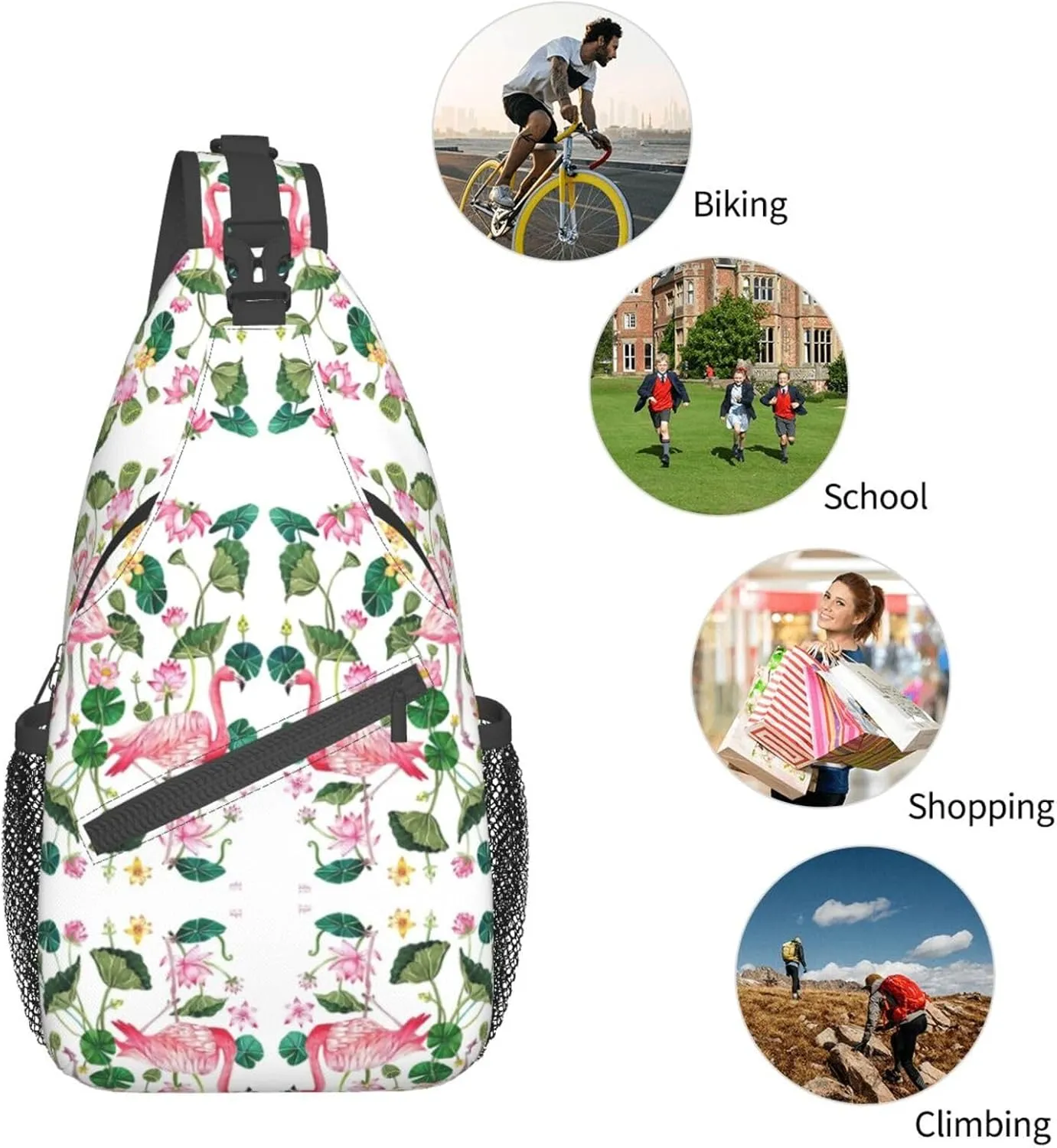 Flamingo Bird Round Leaves Unisex Crossbody Backpack Travel Hiking Casual Chest Bags Lightweight Fashion