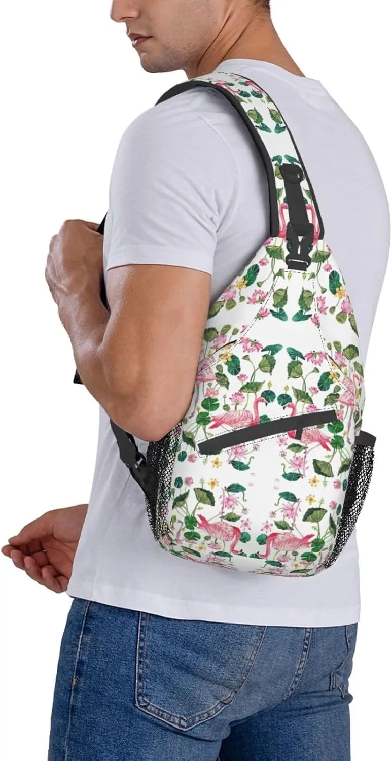 Flamingo Bird Round Leaves Unisex Crossbody Backpack Travel Hiking Casual Chest Bags Lightweight Fashion