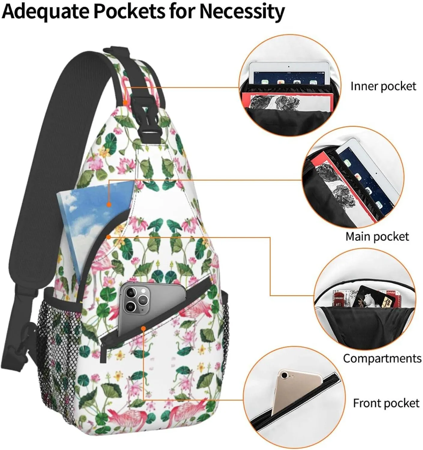 Flamingo Bird Round Leaves Unisex Crossbody Backpack Travel Hiking Casual Chest Bags Lightweight Fashion