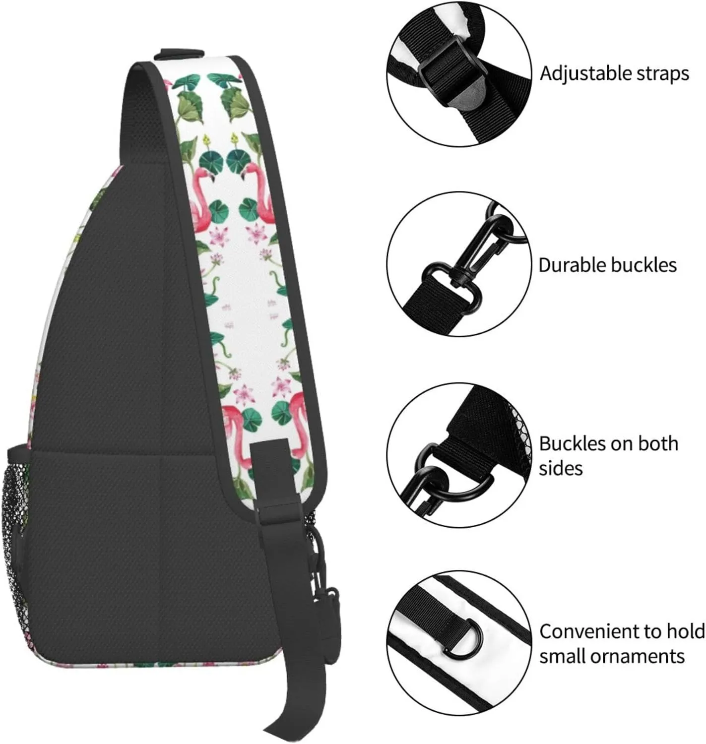 Flamingo Bird Round Leaves Unisex Crossbody Backpack Travel Hiking Casual Chest Bags Lightweight Fashion