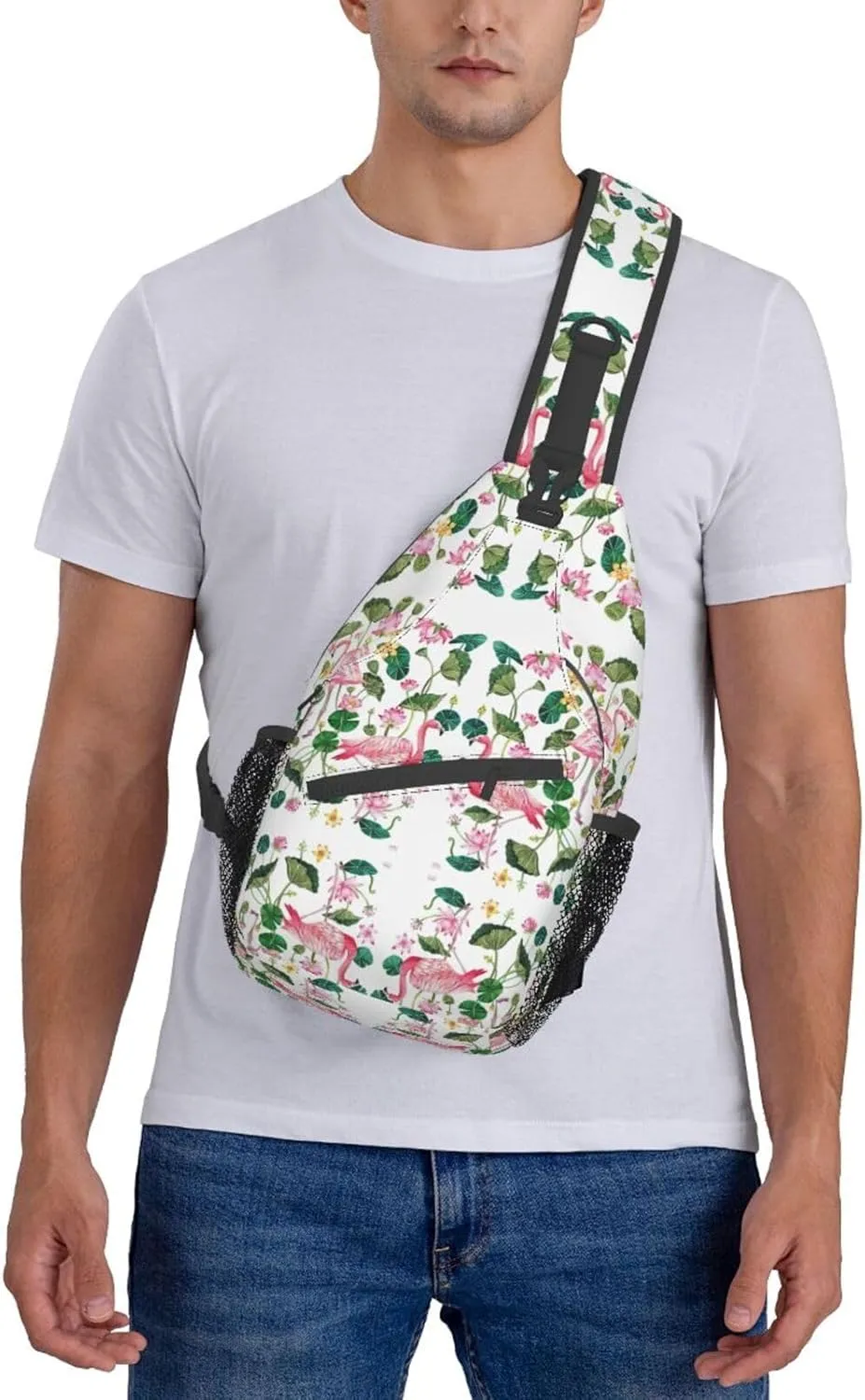 Flamingo Bird Round Leaves Unisex Crossbody Backpack Travel Hiking Casual Chest Bags Lightweight Fashion