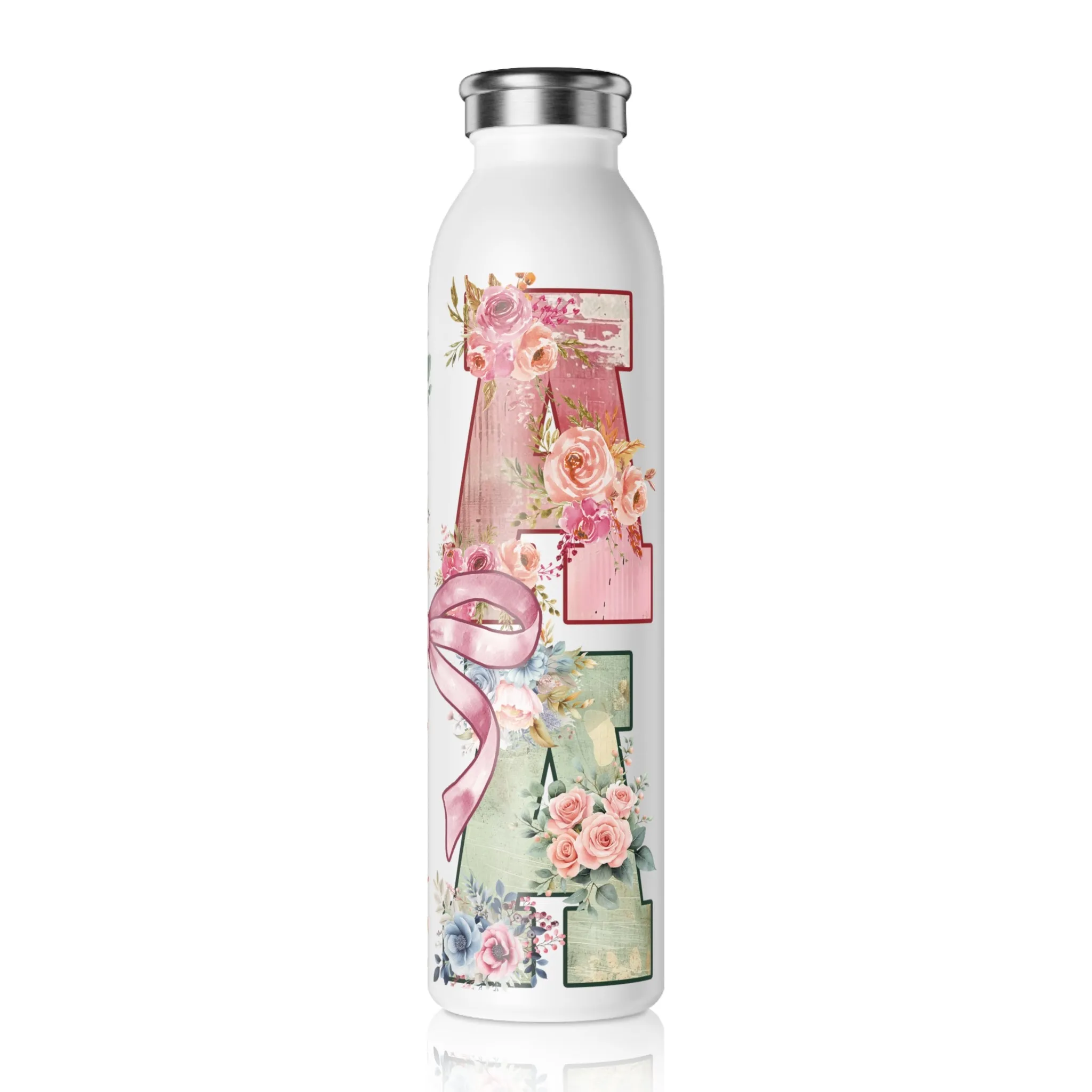 Floral Monogram Slim Water Bottle - Personalized BPA-Free Hydration for Her