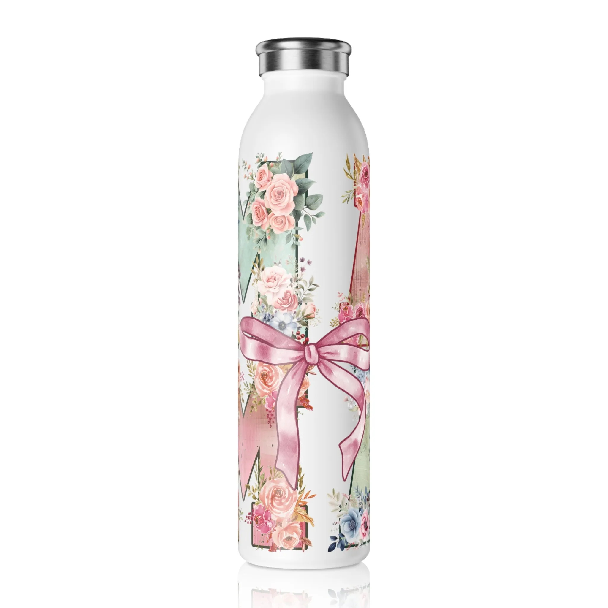 Floral Monogram Slim Water Bottle - Personalized BPA-Free Hydration for Her