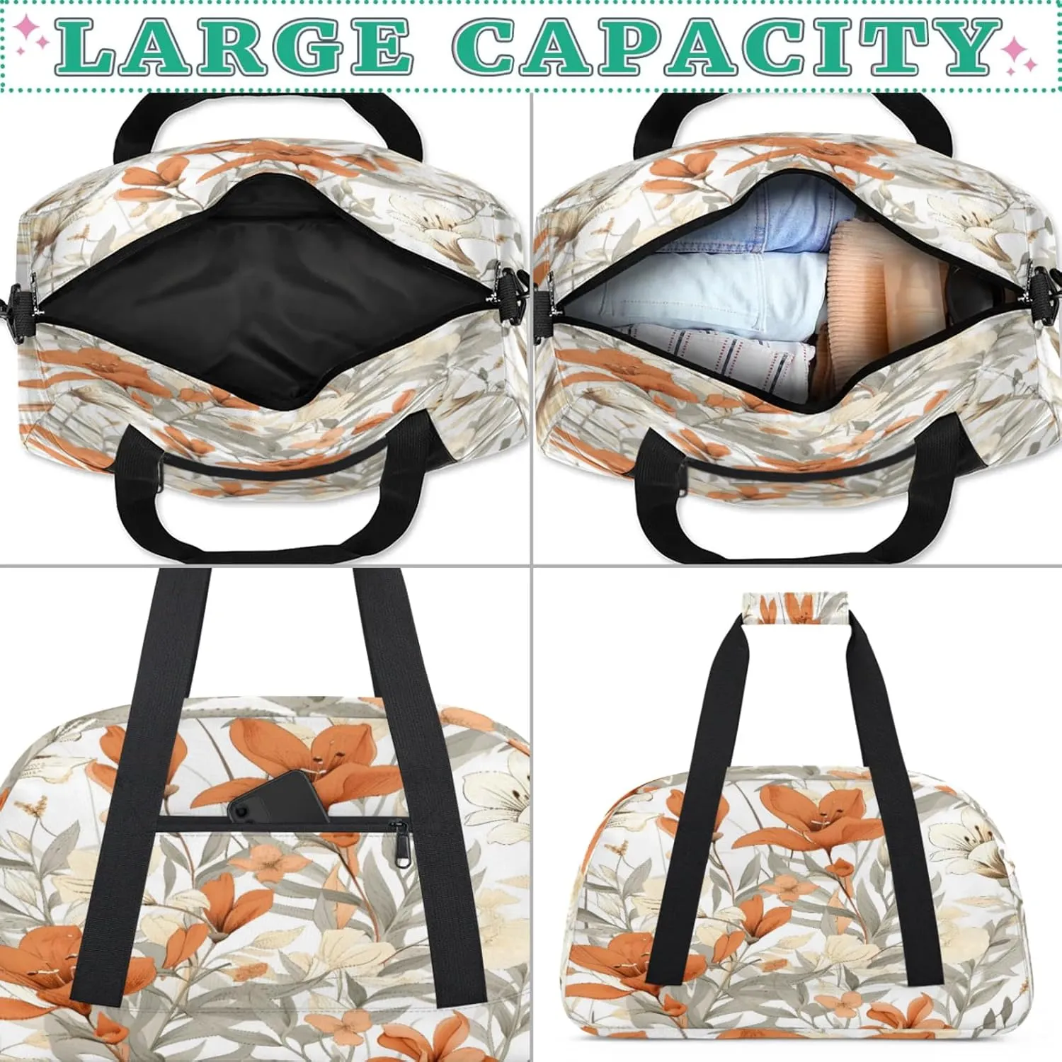 Floral Spring Gym Bag for Women Men, Sports Travel Duffel Bag Lightweight Workout Bag Carry On Overnight Weekender Bag