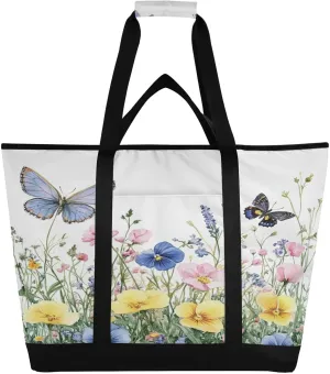 Flowers Butterfly Reusable Insulated Lunchbox Cooler Bag, Leakproof Kitchen Grocery Bag Collapsible Portable Cooler Tote Bag for Picnic, Camping, Office, Travel
