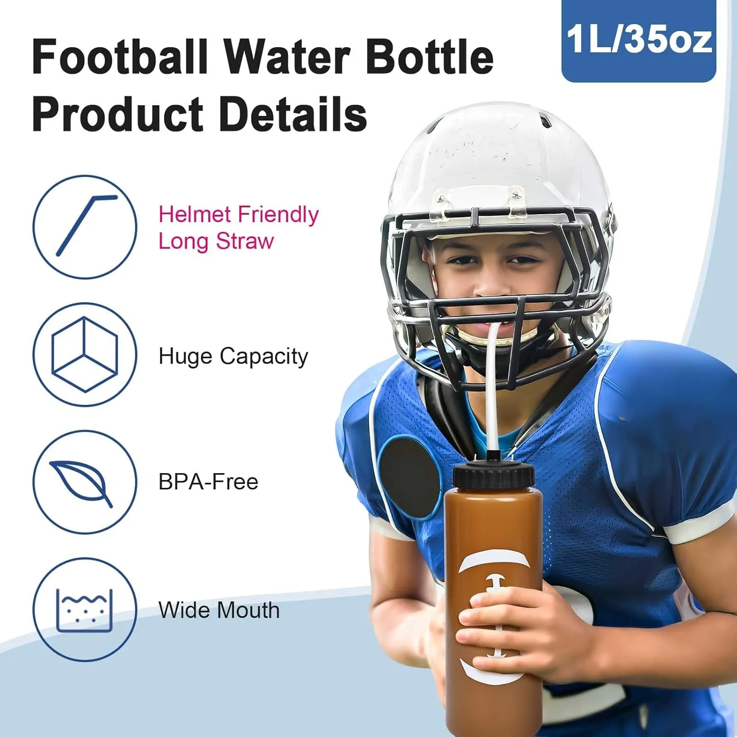 Football Water Bottle with Long Straw,1 Pack Squeeze Water Bottle,Football Stuff Gifts for Men Boys 6-8 8-12 12-14(1L,BPA-Free)