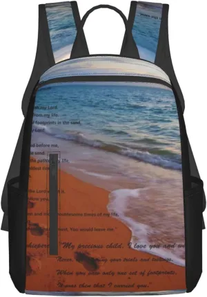 Footprints In The Sand Poem Lightweight Backpack For Women Men, Casual Polyester Daypack Bookbag Travel Hiking Bag, Durable Laptop Backpack
