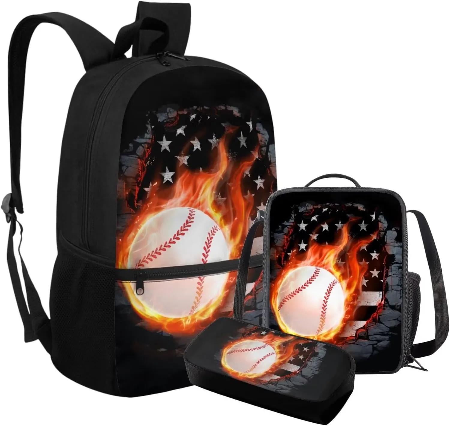FOR U DESIGNS 3 Pcs Baseball Backpack for Boys 12-14 American Flag Bookbag and Lunch Box Set 17 Inch Kindergarten Elementary School Bag 5th Grade Mochilas Para Niñas