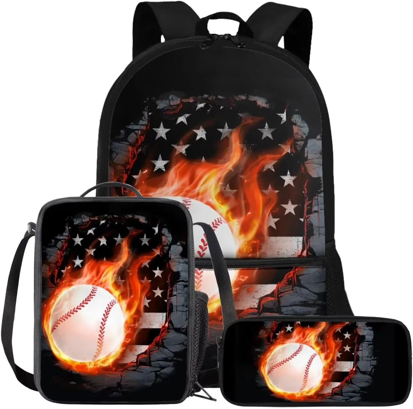 FOR U DESIGNS 3 Pcs Baseball Backpack for Boys 12-14 American Flag Bookbag and Lunch Box Set 17 Inch Kindergarten Elementary School Bag 5th Grade Mochilas Para Niñas