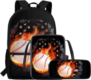 FOR U DESIGNS 3 Pcs Baseball Backpack for Boys 12-14 American Flag Bookbag and Lunch Box Set 17 Inch Kindergarten Elementary School Bag 5th Grade Mochilas Para Niñas