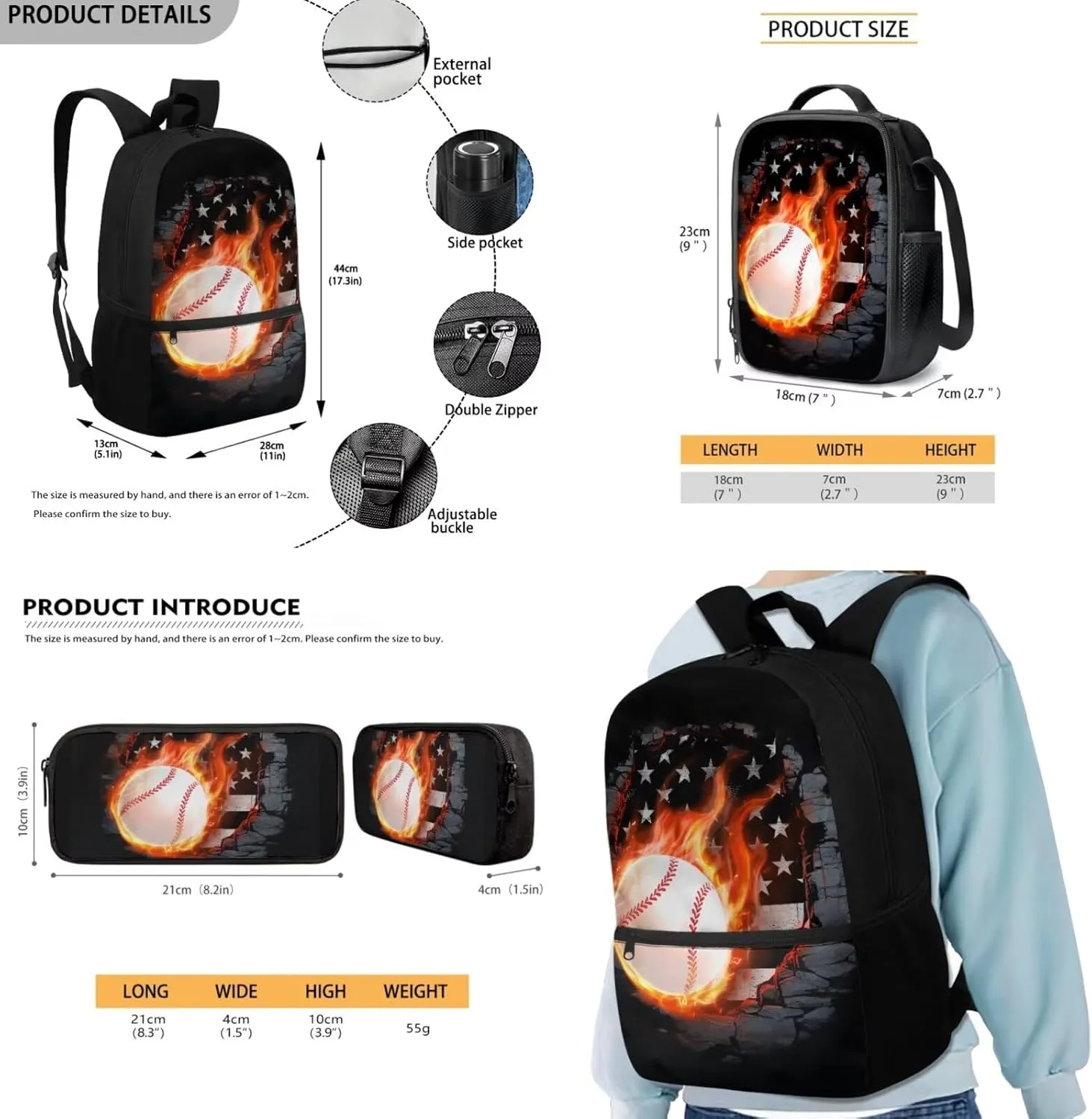 FOR U DESIGNS 3 Pcs Baseball Backpack for Boys 12-14 American Flag Bookbag and Lunch Box Set 17 Inch Kindergarten Elementary School Bag 5th Grade Mochilas Para Niñas