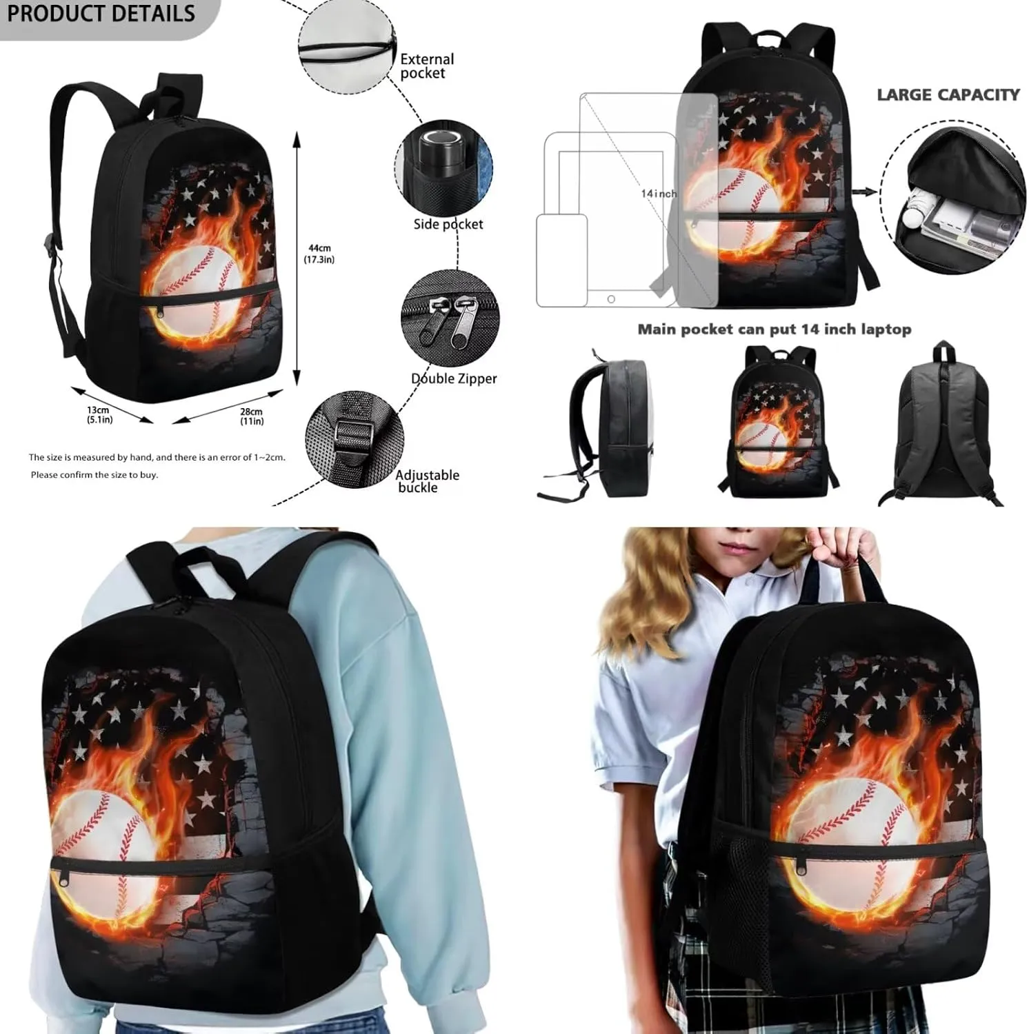 FOR U DESIGNS 3 Pcs Baseball Backpack for Boys 12-14 American Flag Bookbag and Lunch Box Set 17 Inch Kindergarten Elementary School Bag 5th Grade Mochilas Para Niñas