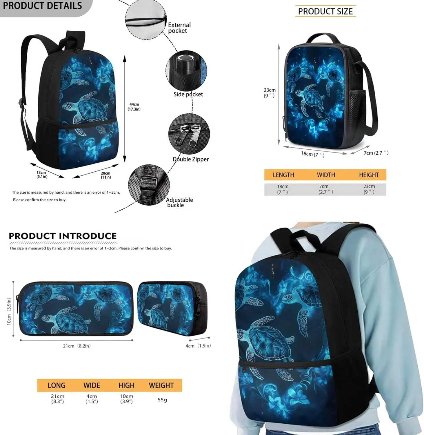 FOR U DESIGNS Turtle Backpack for Kids 8-12 Kindergarten Elementary School Bag 5th Grade Large Capacity Bookbag Set with Lunch Box 3 Piece Back Pack 17 Inch