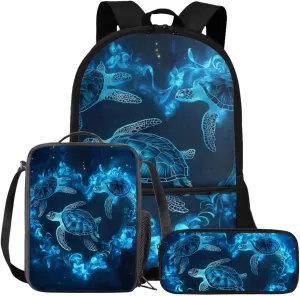 FOR U DESIGNS Turtle Backpack for Kids 8-12 Kindergarten Elementary School Bag 5th Grade Large Capacity Bookbag Set with Lunch Box 3 Piece Back Pack 17 Inch