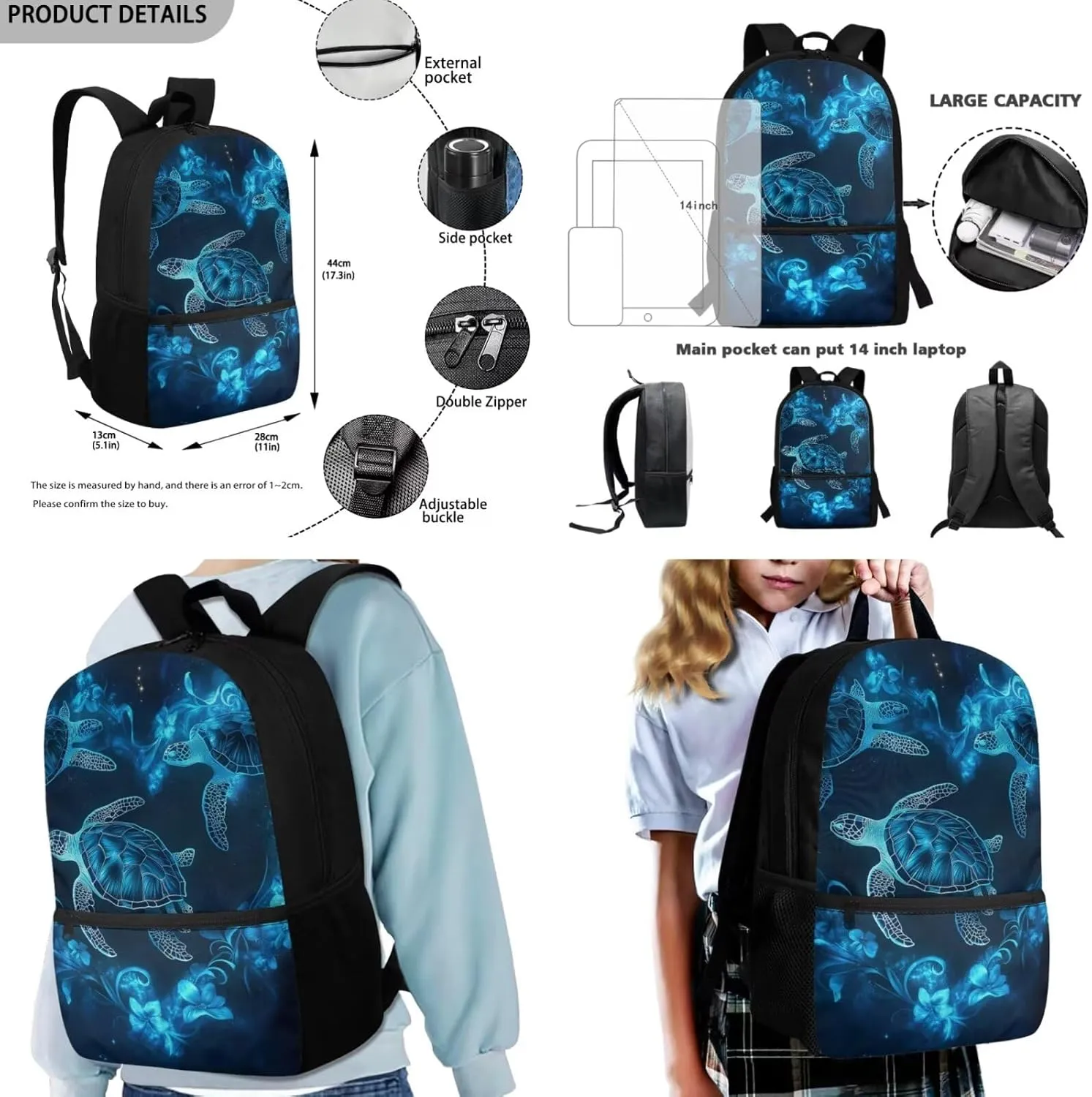 FOR U DESIGNS Turtle Backpack for Kids 8-12 Kindergarten Elementary School Bag 5th Grade Large Capacity Bookbag Set with Lunch Box 3 Piece Back Pack 17 Inch