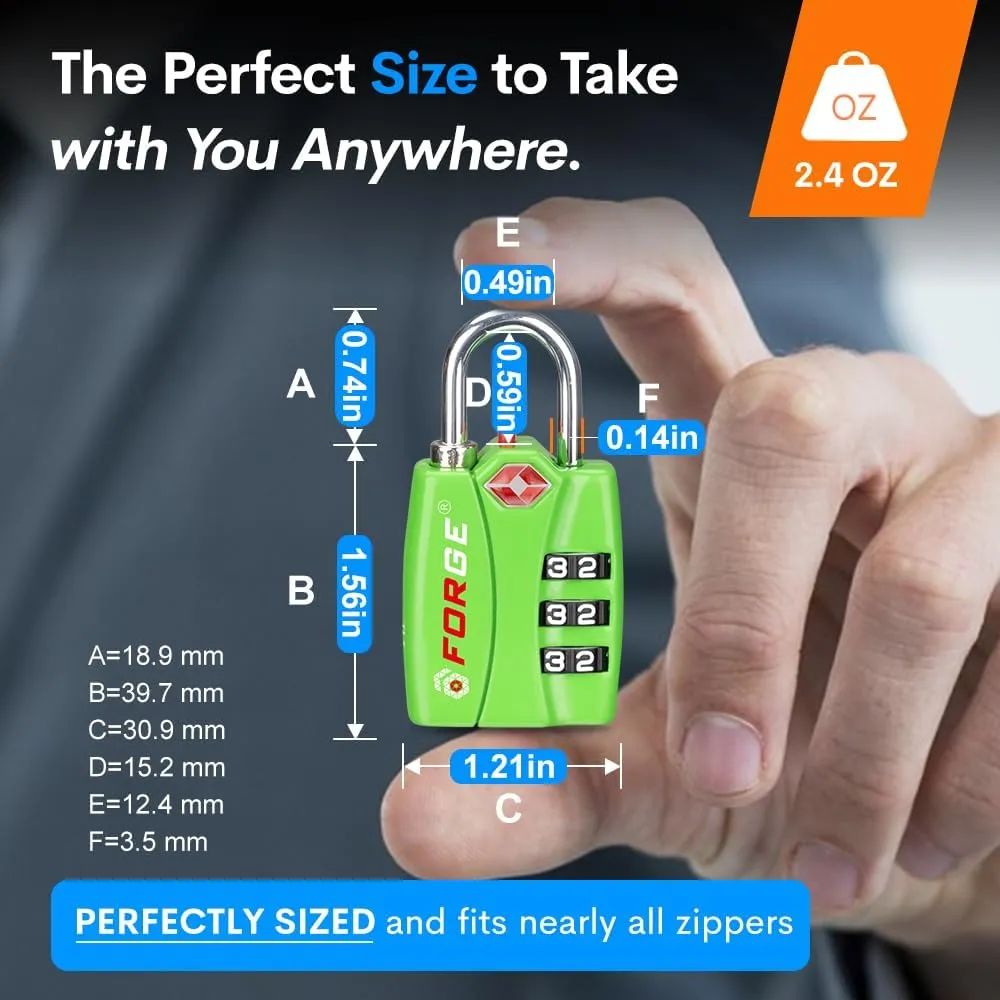 Forge Luggage Locks TSA Approved 4 Pack 4 Colors, Small Combination Lock with Zinc Alloy Body, Open Alert, Easy Read Dials, for Travel Suitcase, Bag, Backpack, Lockers.