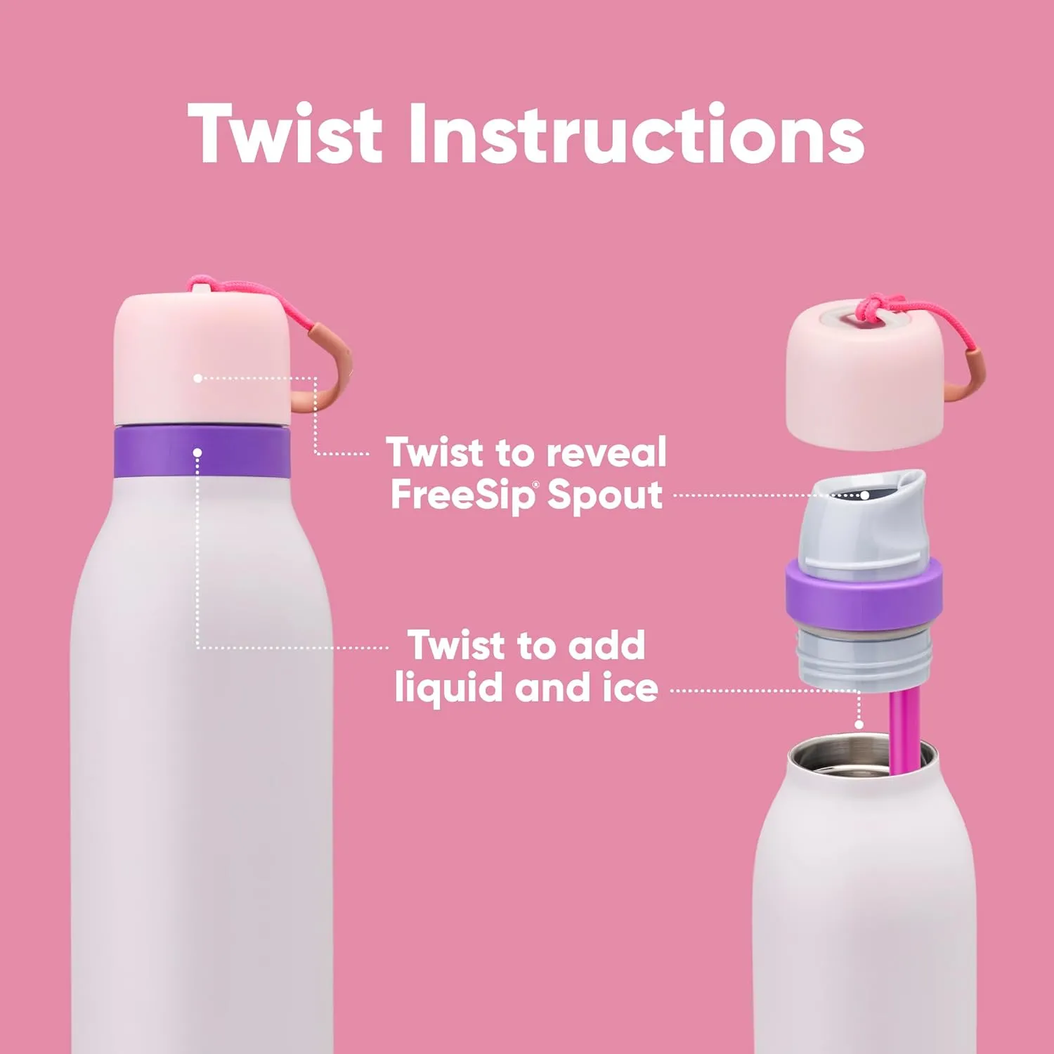 FreeSip Twist Insulated Stainless Steel Water Bottle with Straw for Sports and Travel, BPA-Free, 18-oz, Pink/Purple (Dreamy Field)