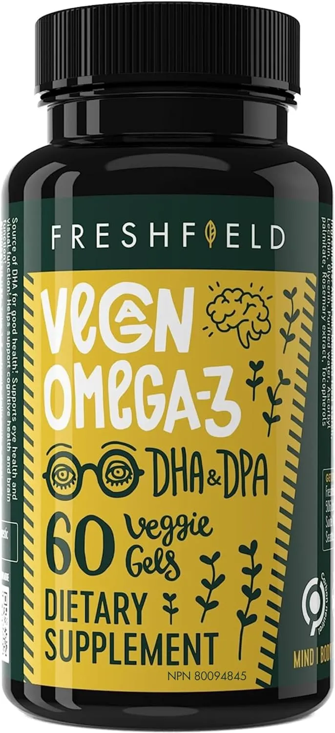 Freshfield Vegan Omega 3 DHA: Algae Oil, Carrageenan Free, Sustainably Sourced, Tested, No Heavy Metals, Replacement for Fish Oil, Carbon Neutral. Supports Heart, Brain, Joint Health w/DPA