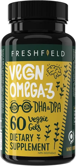 Freshfield Vegan Omega 3 DHA: Algae Oil, Carrageenan Free, Sustainably Sourced, Tested, No Heavy Metals, Replacement for Fish Oil, Carbon Neutral. Supports Heart, Brain, Joint Health w/DPA
