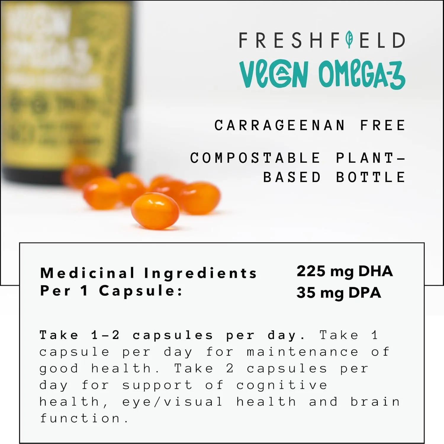 Freshfield Vegan Omega 3 DHA: Algae Oil, Carrageenan Free, Sustainably Sourced, Tested, No Heavy Metals, Replacement for Fish Oil, Carbon Neutral. Supports Heart, Brain, Joint Health w/DPA