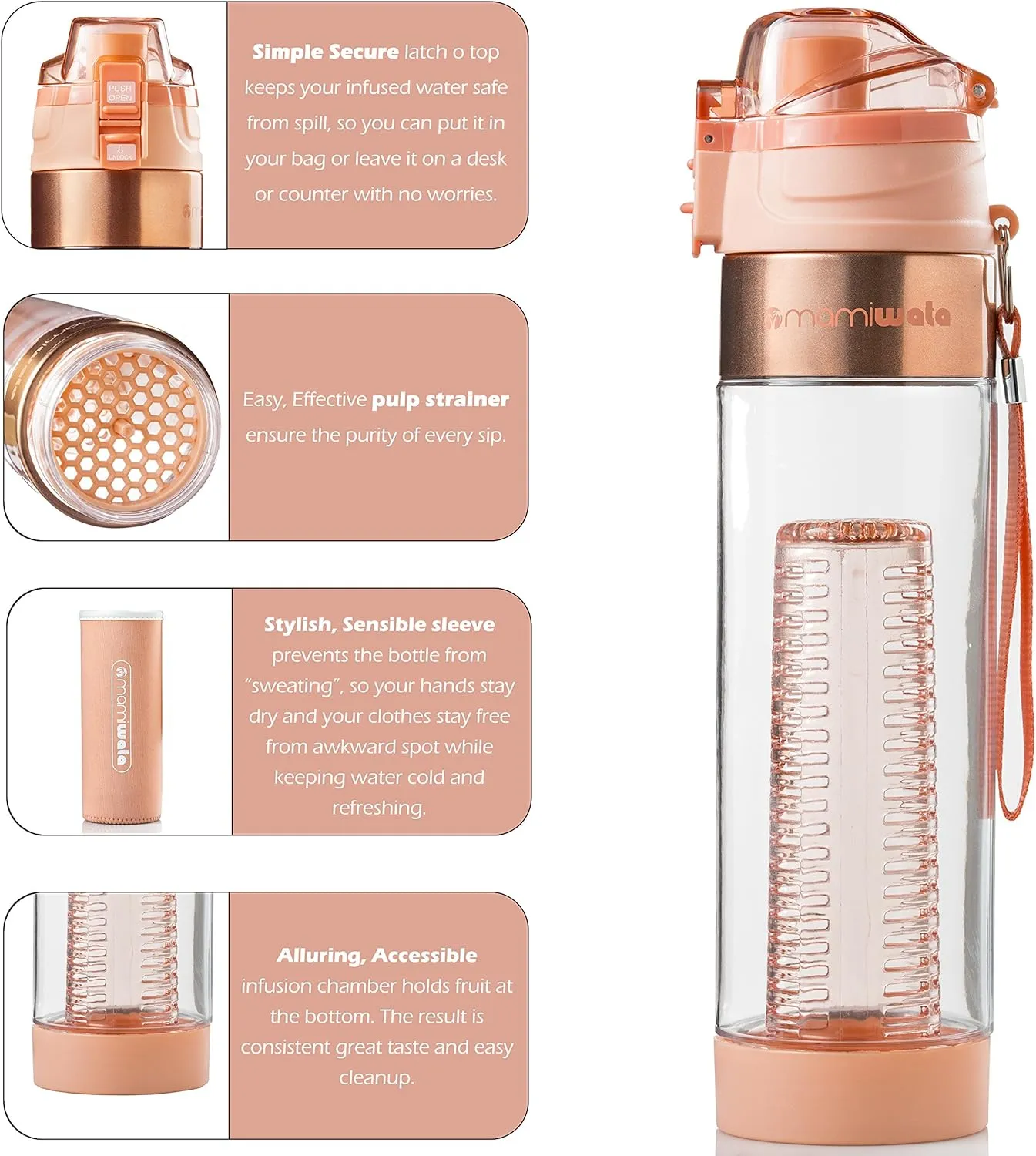 Fruit Infuser Water Bottle – 24 oz – Tritan Plastic - Unique Stylish Design – Fruit Infused Water recipes eBook & Insulating sleeve – Beautiful Gift Box