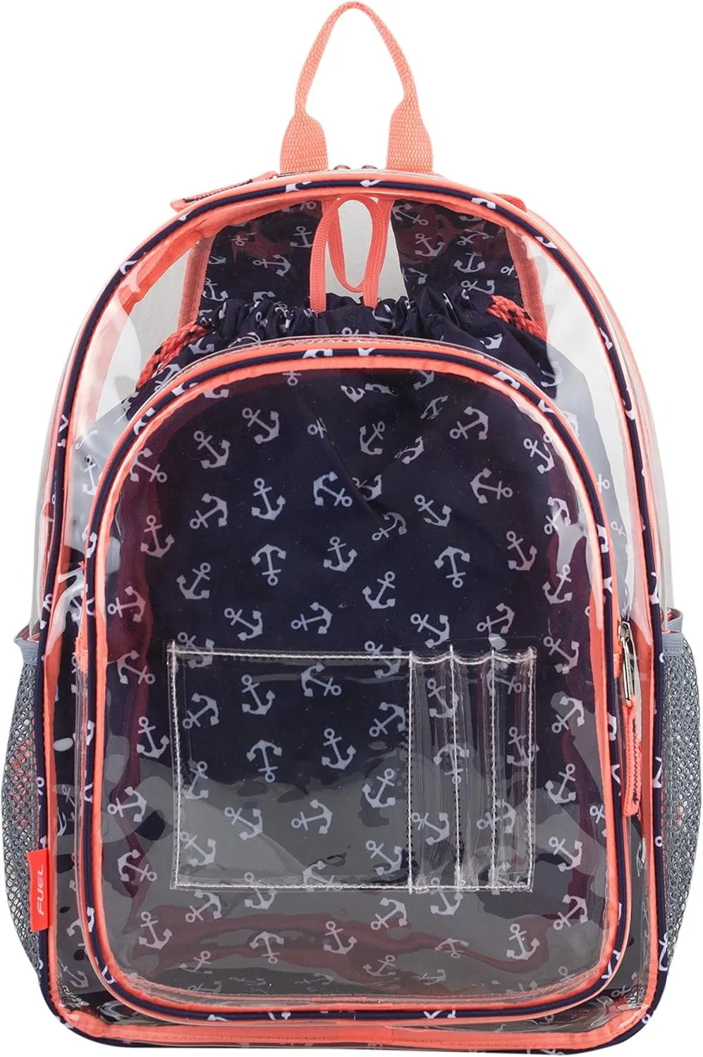 Fuel Hiking Clear Backpack and Drawstring Strings Bags Set for College Bookbag, Work, Sport, Security Check, Transparent, Anchor Print, Coral Sizzle Trim
