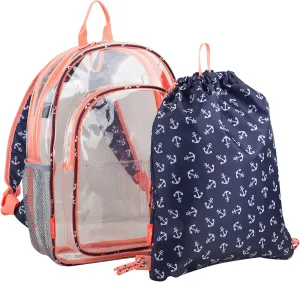 Fuel Hiking Clear Backpack and Drawstring Strings Bags Set for College Bookbag, Work, Sport, Security Check, Transparent, Anchor Print, Coral Sizzle Trim