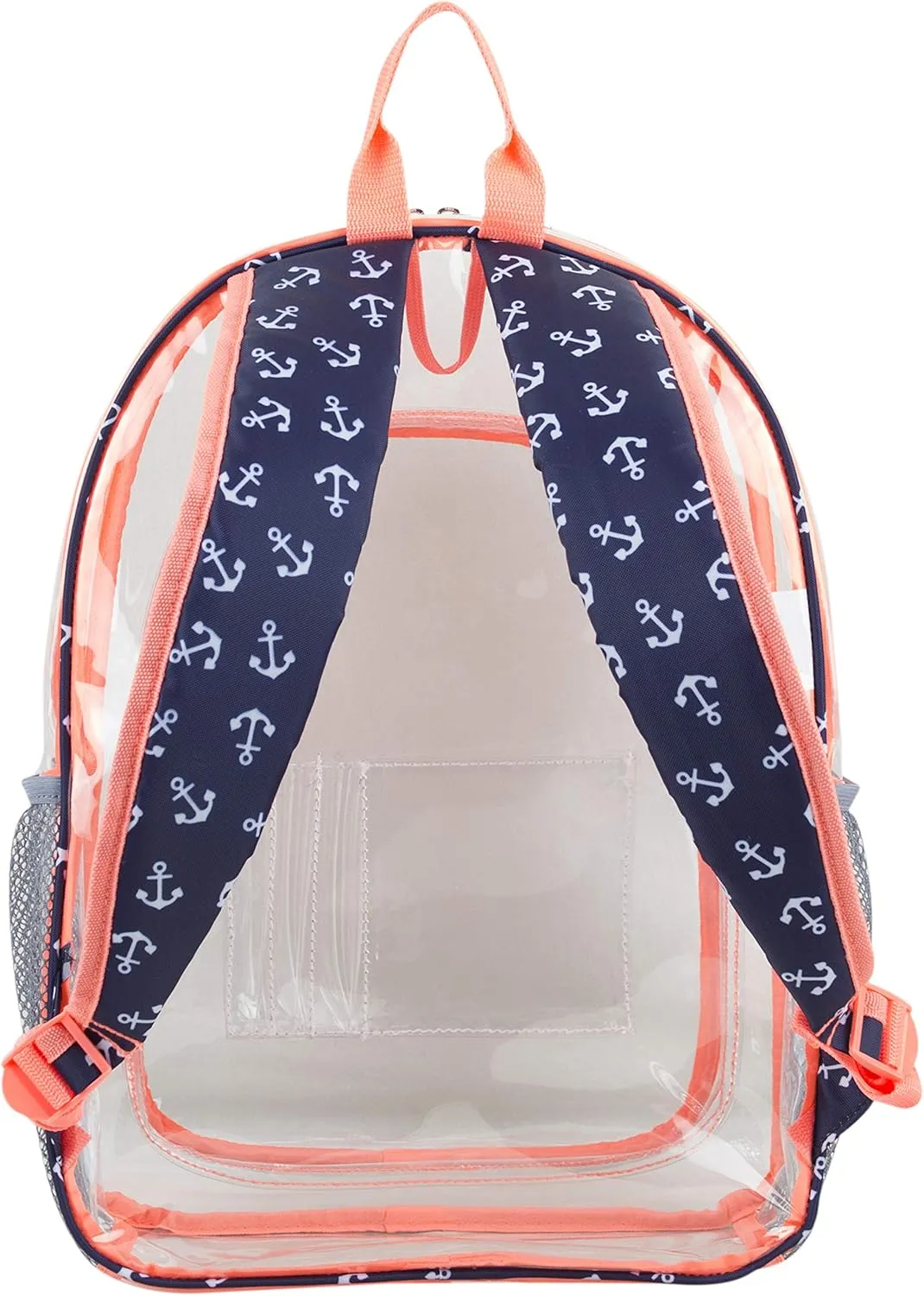 Fuel Hiking Clear Backpack and Drawstring Strings Bags Set for College Bookbag, Work, Sport, Security Check, Transparent, Anchor Print, Coral Sizzle Trim