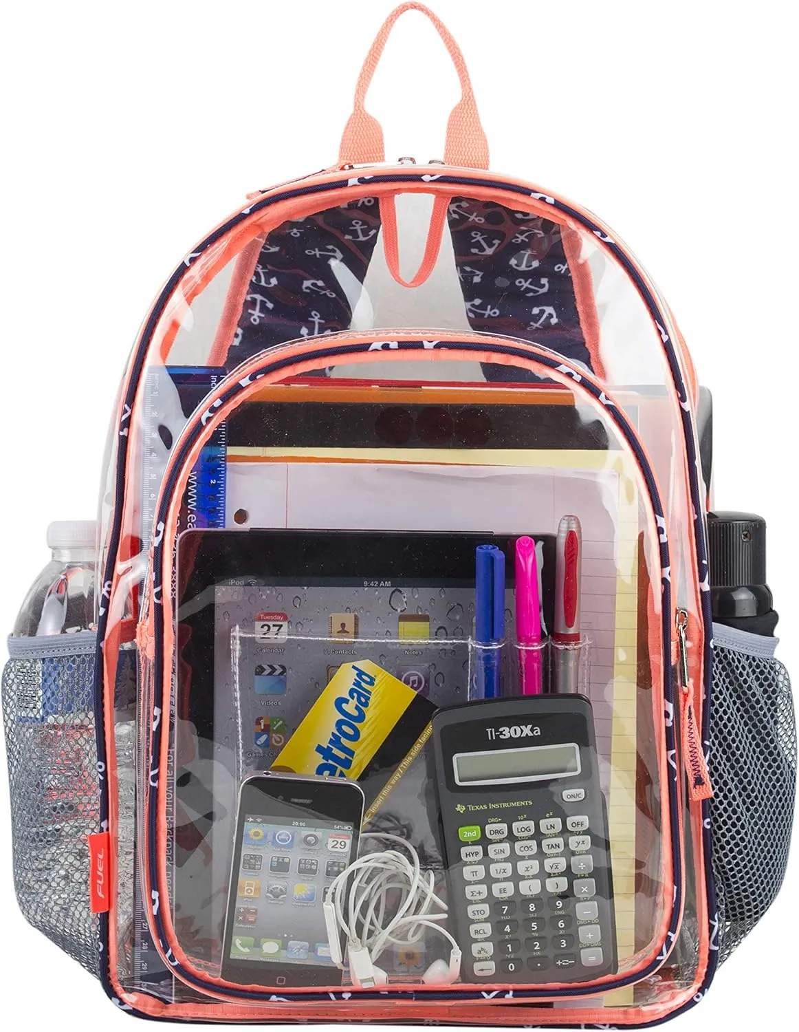 Fuel Hiking Clear Backpack and Drawstring Strings Bags Set for College Bookbag, Work, Sport, Security Check, Transparent, Anchor Print, Coral Sizzle Trim
