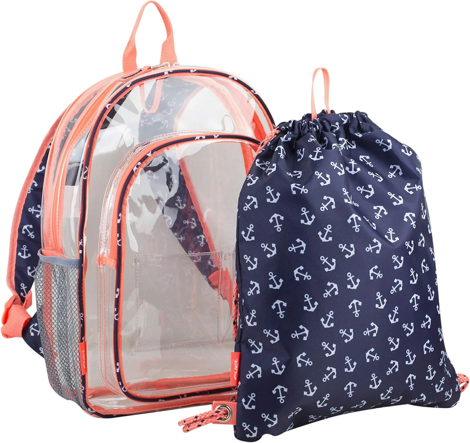 Fuel Hiking Clear Backpack and Drawstring Strings Bags Set for College Bookbag, Work, Sport, Security Check, Transparent, Anchor Print, Coral Sizzle Trim