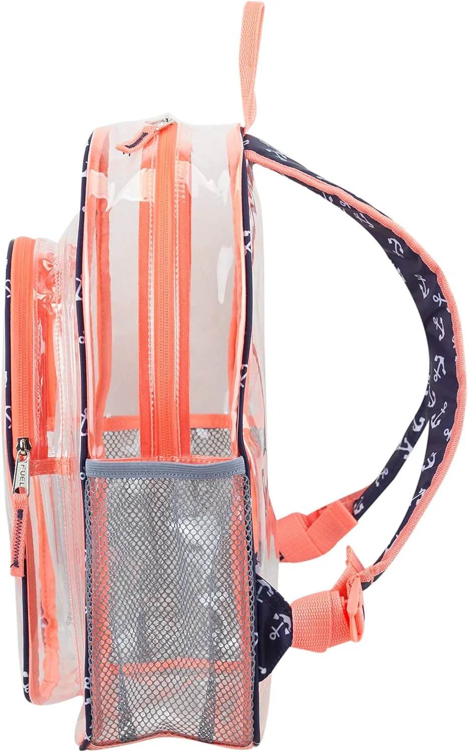 Fuel Hiking Clear Backpack and Drawstring Strings Bags Set for College Bookbag, Work, Sport, Security Check, Transparent, Anchor Print, Coral Sizzle Trim