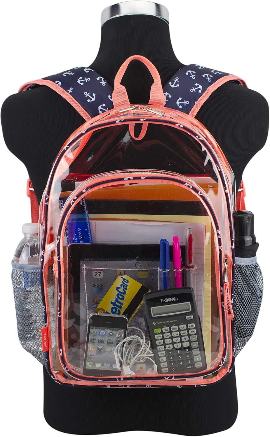 Fuel Hiking Clear Backpack and Drawstring Strings Bags Set for College Bookbag, Work, Sport, Security Check, Transparent, Anchor Print, Coral Sizzle Trim