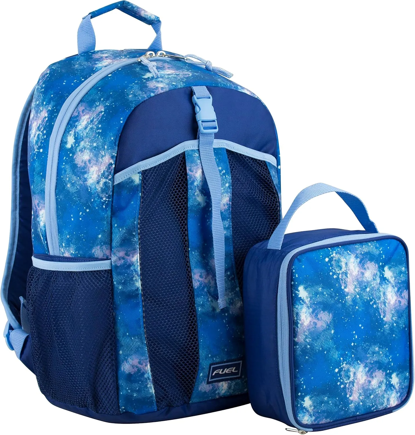 FUEL Lunch Backpack Set Teens Student Water Resistant Dome Bookbag Bag Soft Reusable Insulated Cooler Lunch Box Thermal Travel Office Lunch Bag, Light Blue Galaxy