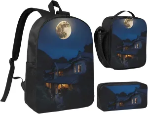 Full Moon in Night print Backpack 3pcs Set Including 17 Inch Large BookBag With Lunch Bag And Practical Pen Bag