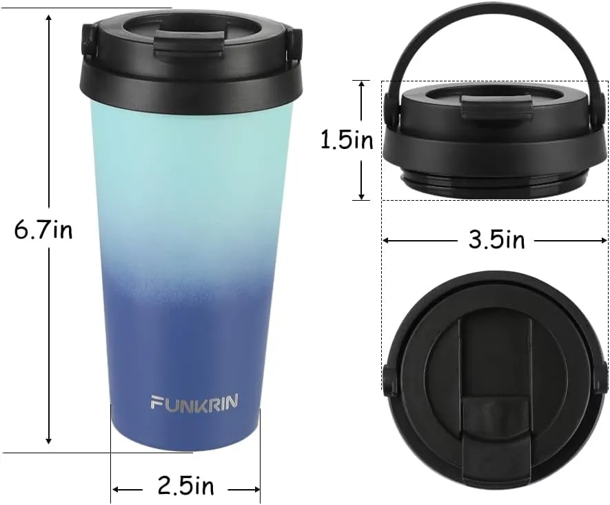 Funkrin Insulated Coffee Mug with Ceramic Coating, 16oz Iced Coffee Tumbler Cup with Flip Lid and Handle, Double Wall Vacuum Leak-Proof Thermos Mug for Travel Office School Party Camping
