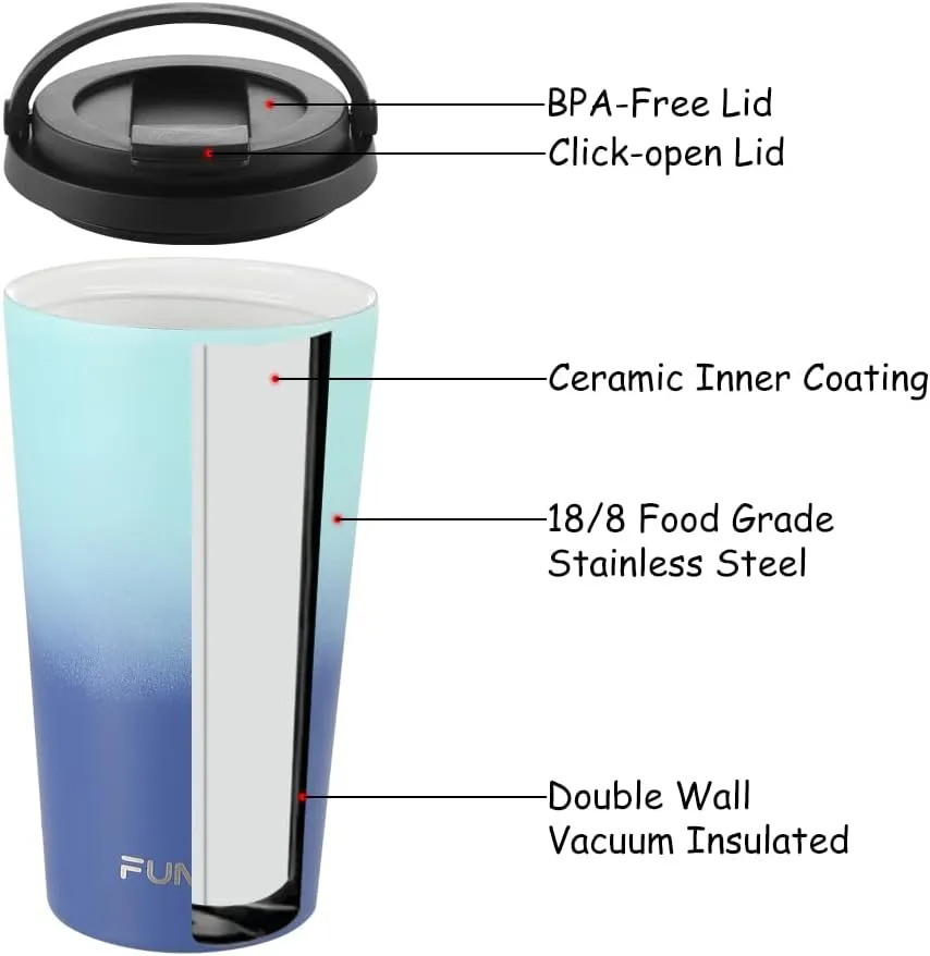 Funkrin Insulated Coffee Mug with Ceramic Coating, 16oz Iced Coffee Tumbler Cup with Flip Lid and Handle, Double Wall Vacuum Leak-Proof Thermos Mug for Travel Office School Party Camping