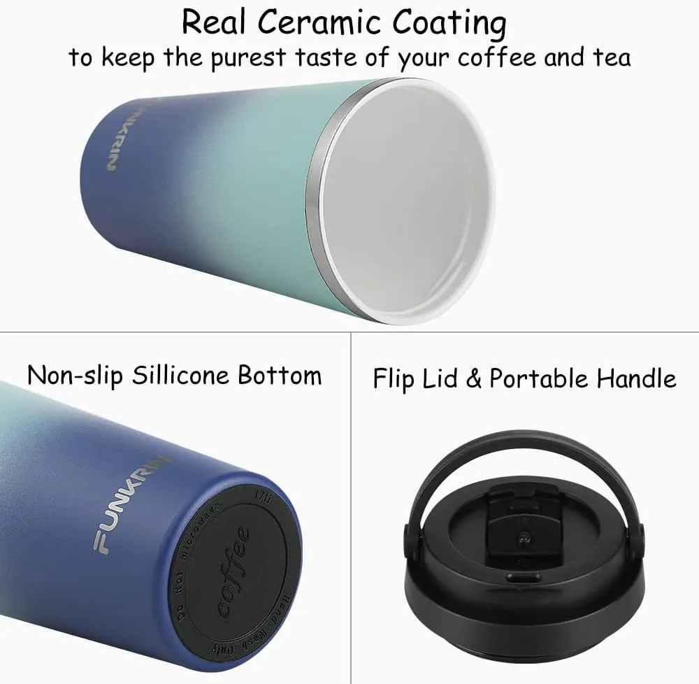 Funkrin Insulated Coffee Mug with Ceramic Coating, 16oz Iced Coffee Tumbler Cup with Flip Lid and Handle, Double Wall Vacuum Leak-Proof Thermos Mug for Travel Office School Party Camping