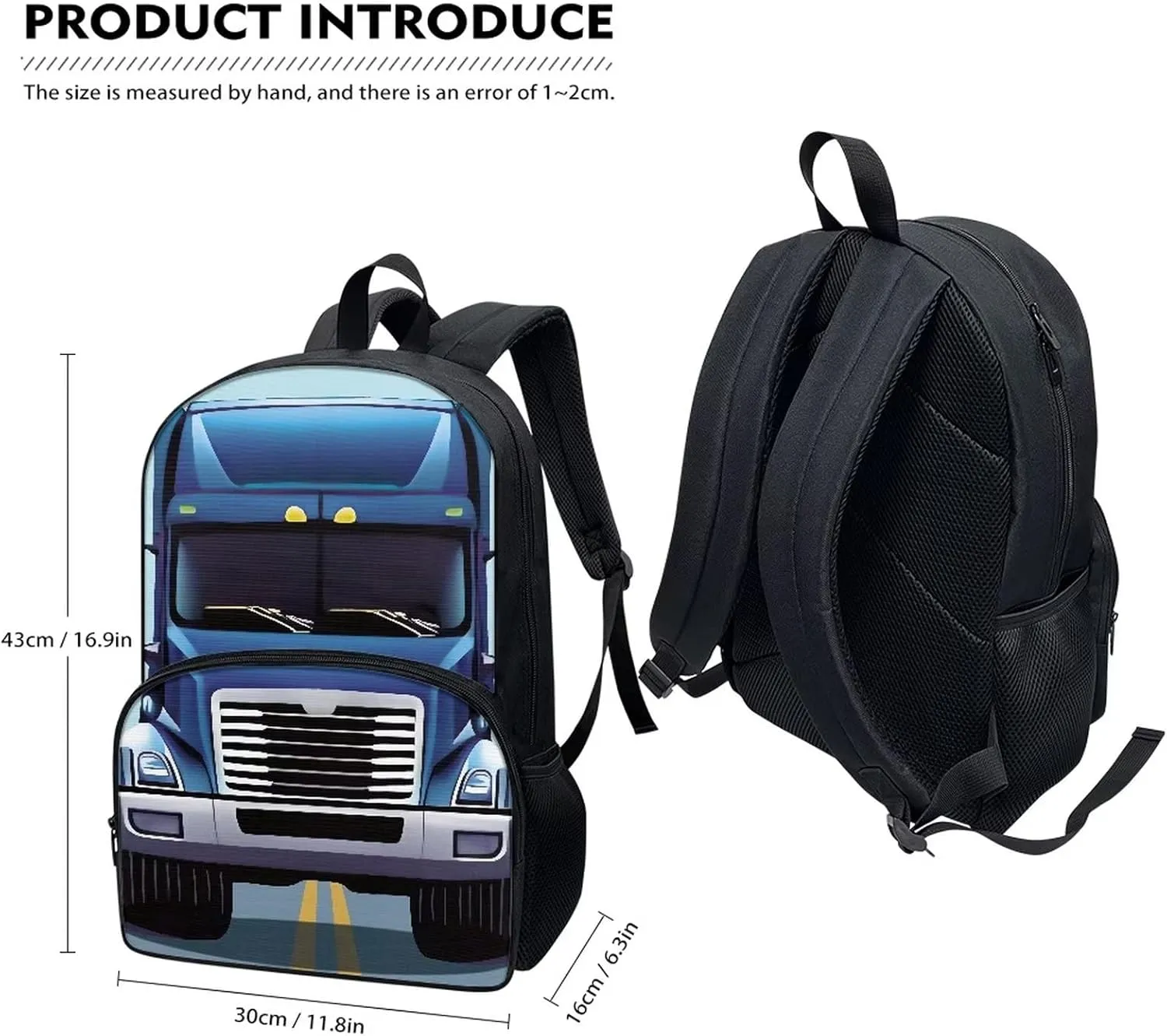Funny Car Truck Print Backpacks for Boys Girls Durable Soft Padded Back Lightweight School Bookbag Kids Student Campus Travel Large Capacity 17 Inch Cute Backpack with Front Pocket
