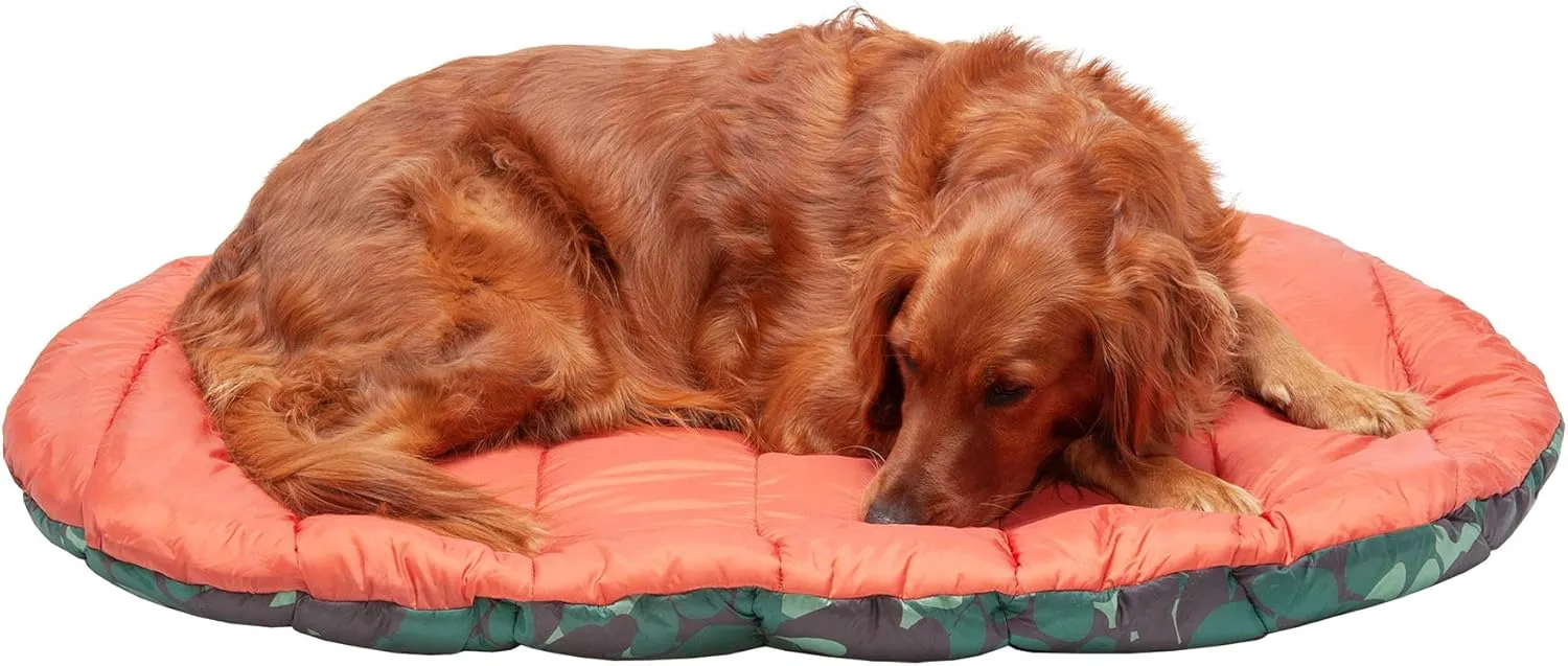 Furhaven Outdoor Travel Dog Bed for Large/Medium Dogs w/ Carry Bag, Washable & Foldable, Great for Crates & Kennels - Trail Pup Travel Pillow Mat w/ Stuff Sack Bag - Paprika/Camo-Paw, Large