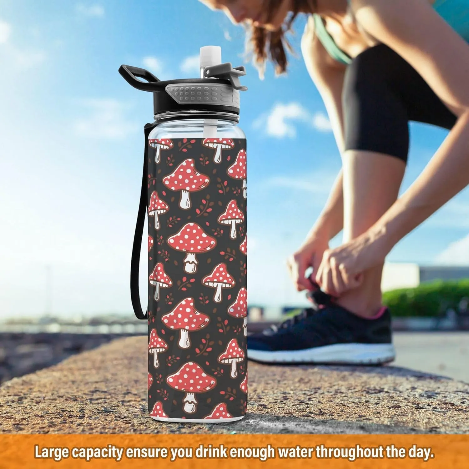 Fustylead Amanita Red Mushroom 32 oz Water Bottle with Straw, Leakproof Clear Sport Bottles for Women Men Outdoor Sport Drinking
