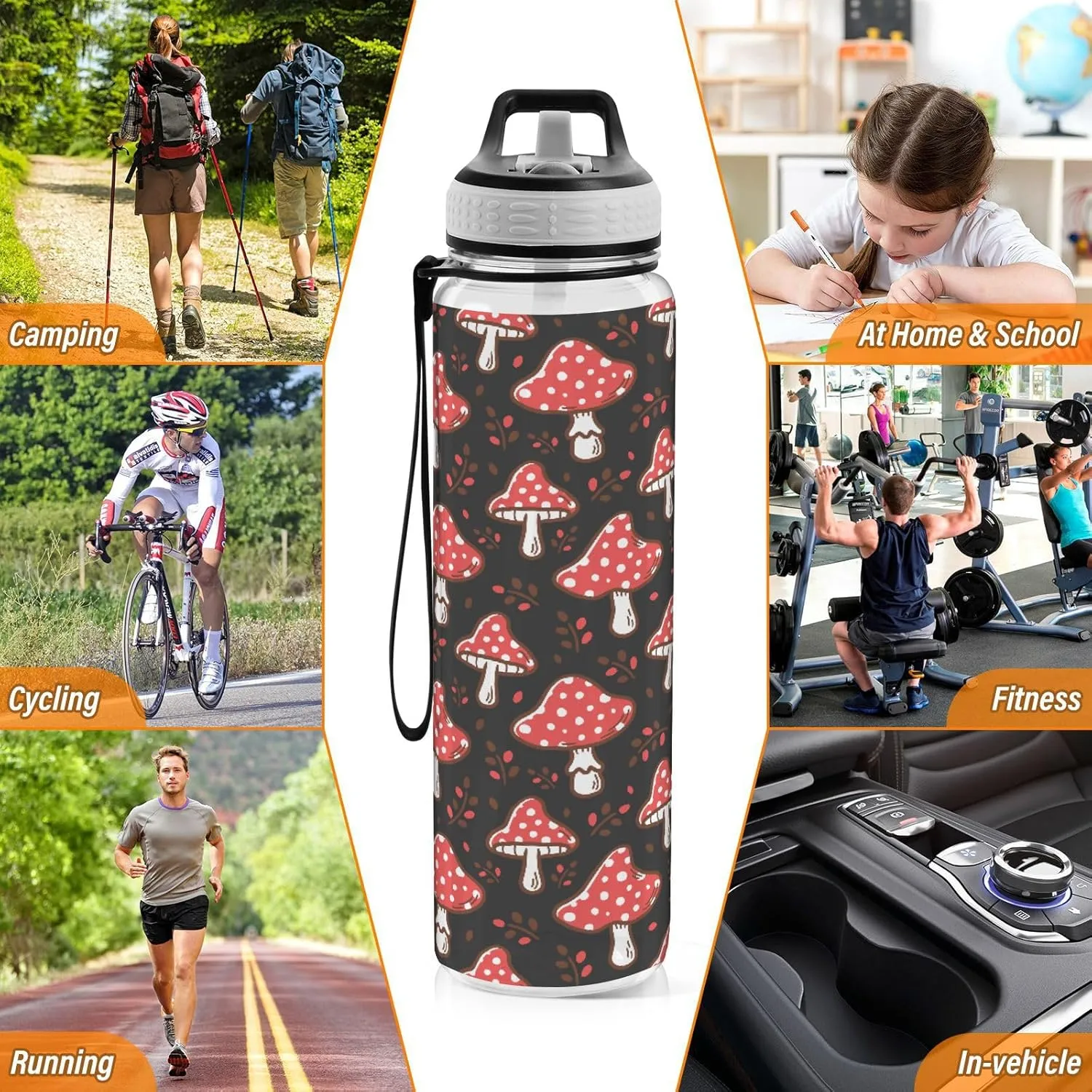 Fustylead Amanita Red Mushroom 32 oz Water Bottle with Straw, Leakproof Clear Sport Bottles for Women Men Outdoor Sport Drinking