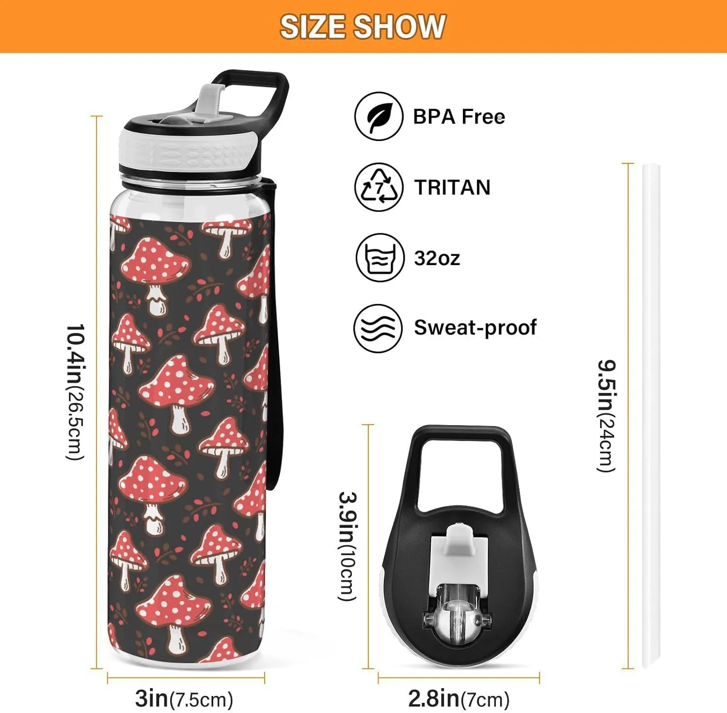 Fustylead Amanita Red Mushroom 32 oz Water Bottle with Straw, Leakproof Clear Sport Bottles for Women Men Outdoor Sport Drinking